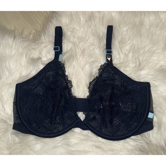Victorias Secret Unlined Demi Bra Lace Semi Sheer Womens 32DD Blue New - Picture 2 of 7